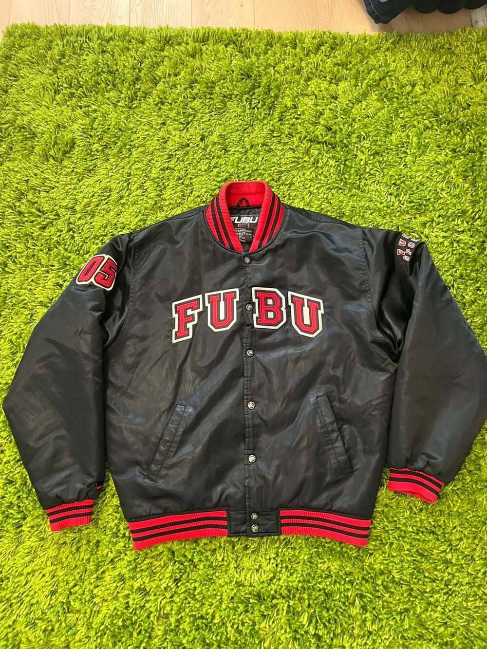 Vintage FUBU Sport Satin Varsity Bomber Jacket Black Red